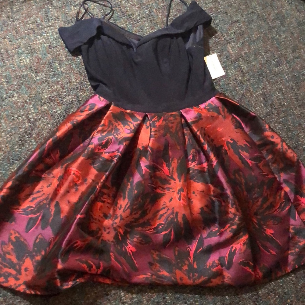 Blue and Floral Off the Shoulder Dress